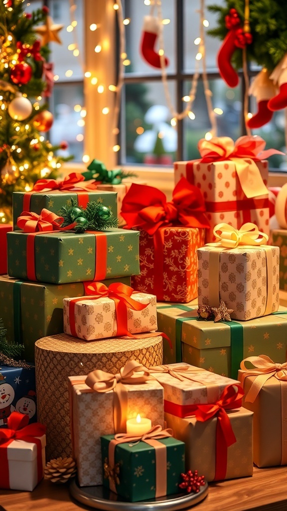 A collection of colorful Christmas gifts wrapped in festive paper with ribbons, set against a backdrop of holiday decorations.